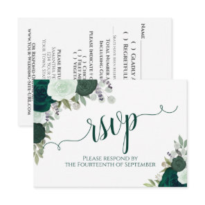 Elegant Emerald Green Floral Calligraphy Wedding RSVP Card