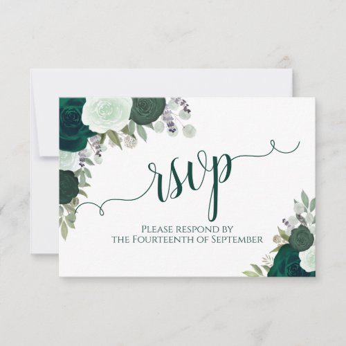 Elegant Emerald Green Floral Calligraphy Wedding RSVP Card