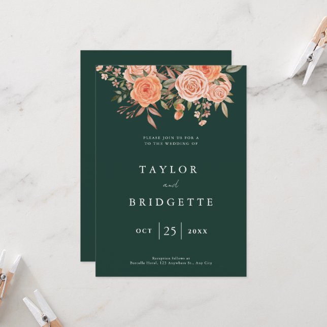 Elegant Emerald Green Floral Fall Wedding Welcome  Invitation (Front/Back In Situ)