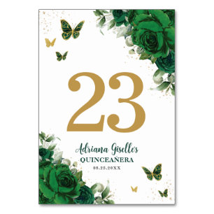 Elegant Emerald Green Floral Gold Butterflies  Table Number