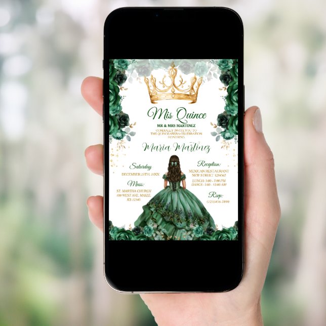 Elegant Emerald Green Floral Gold Crown Mis Quince Invitation (Front Digital)