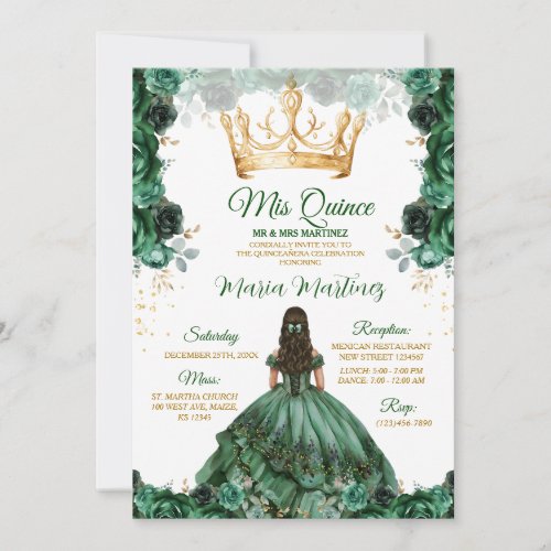 Elegant Emerald Green Floral Gold Crown Mis Quince Invitation