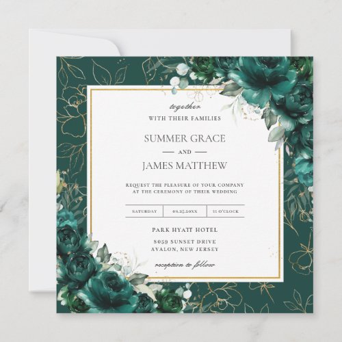 Elegant Emerald Green Floral Gold Wedding Square Invitation