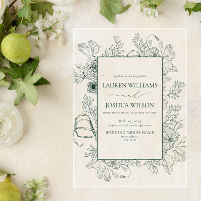 Elegant Emerald Green Floral Line Art Wedding Acrylic Invitations (Creator Uploaded)