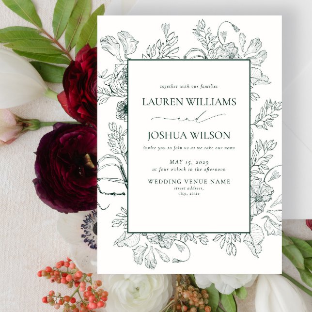 Elegant Emerald Green Floral Line Art Wedding  Invitation (Creator Uploaded)