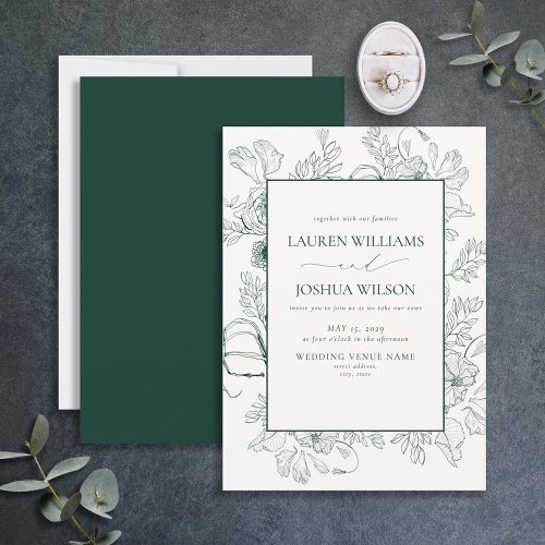 Elegant Emerald Green Floral Line Art Wedding  Invitation