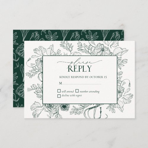 Elegant Emerald Green Floral Line Art Wedding RSVP Card