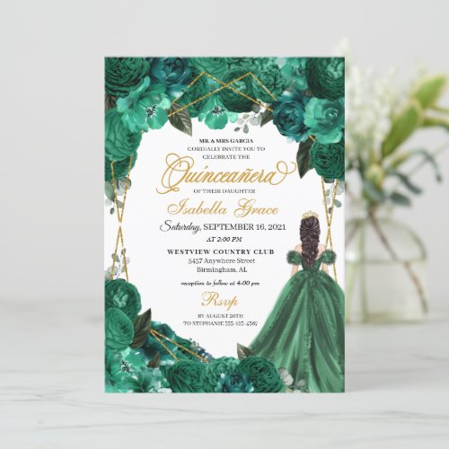 Elegant Emerald Green Floral Quinceanera Invitatio Invitation