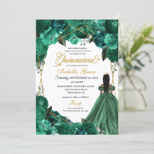 Elegant Emerald Green Floral Quinceanera Invitation