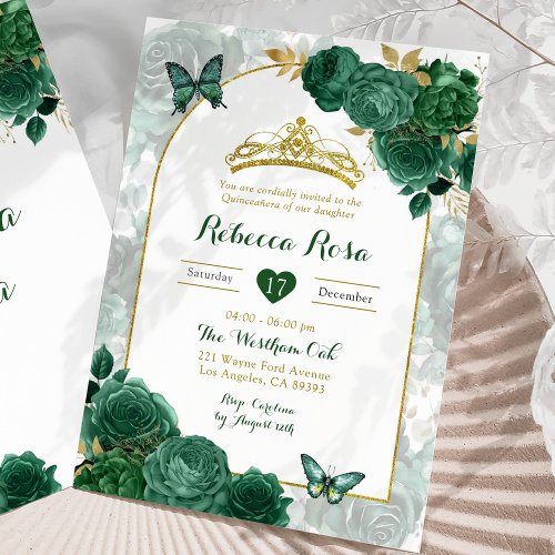 Elegant Emerald Green Floral Royal Quinceaera Invitation