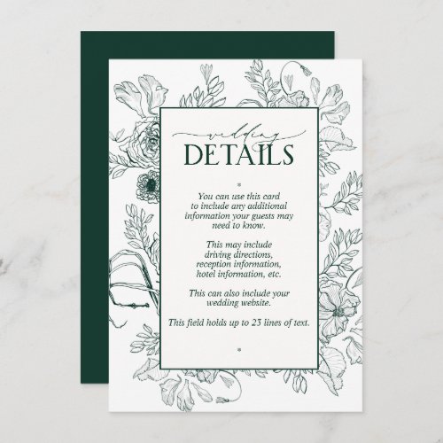 Elegant Emerald Green Floral Wedding Details Enclosure Card