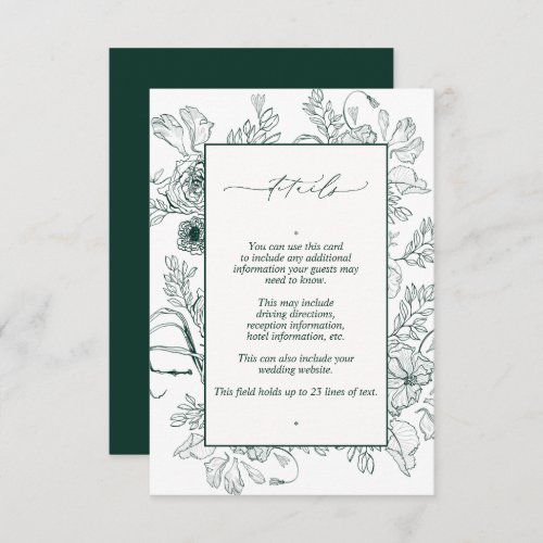 Elegant Emerald Green Floral Wedding Details Enclosure Card