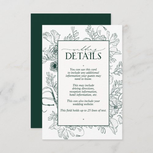 Elegant Emerald Green Floral Wedding Details Enclosure Card