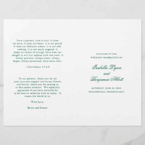 Elegant Emerald Green Folded Wedding Program