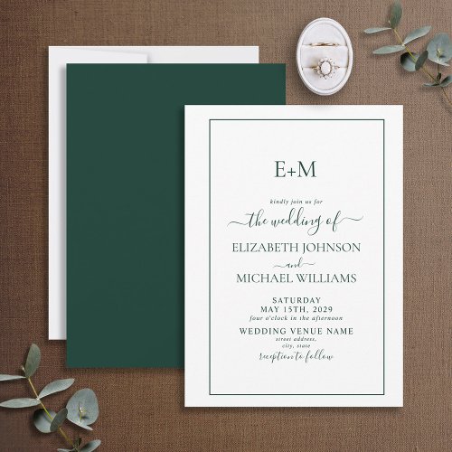 Elegant Emerald Green Formal Monogram Wedding Invitation