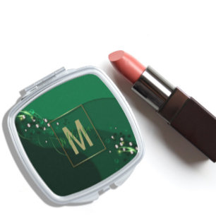 Elegant Emerald Green Gold Abstract Monogram Compact Mirror