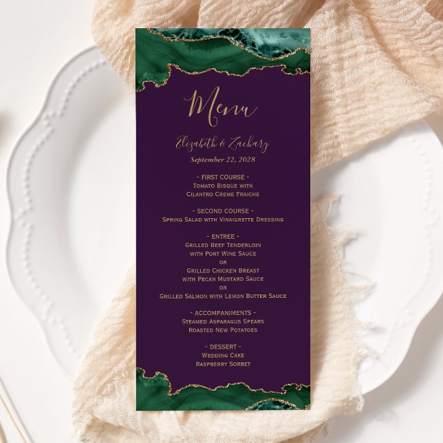 Elegant Emerald Green Gold Agate Purple Wedding Menu (Creator Uploaded)