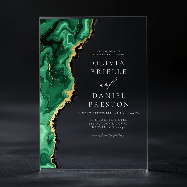 Elegant Emerald Green Gold Agate Wedding Acrylic Invitations (Creator Uploaded)