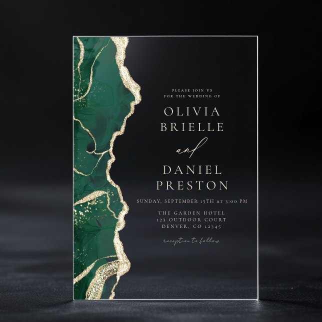 Elegant Emerald Green Gold Agate Wedding Acrylic Invitations (Creator Uploaded)