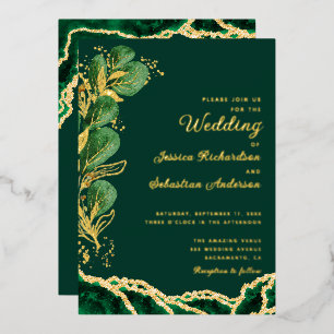 Elegant Emerald Green & Gold Agate Wedding Foil Invitation