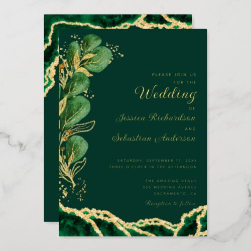 Elegant Emerald Green  Gold Agate Wedding Foil Invitation