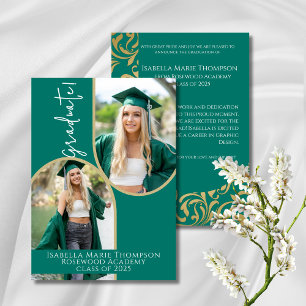Elegant Emerald Green & Gold Arch Photo Graduation Announcement