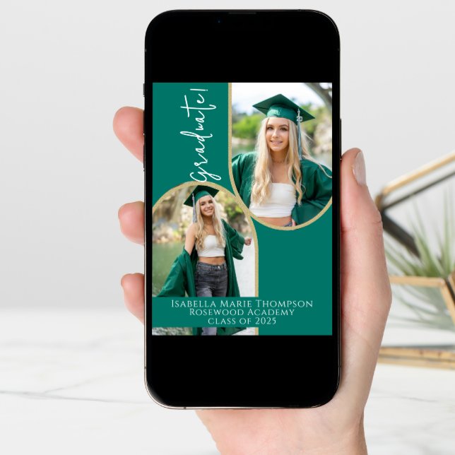 Elegant Emerald Green & Gold Arch Photo Graduation Announcement (Front Digital)
