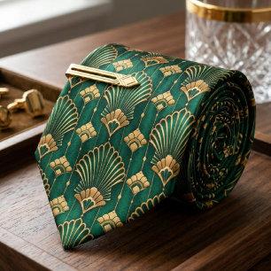Elegant Emerald Green & Gold Art Deco Fan Neck Tie