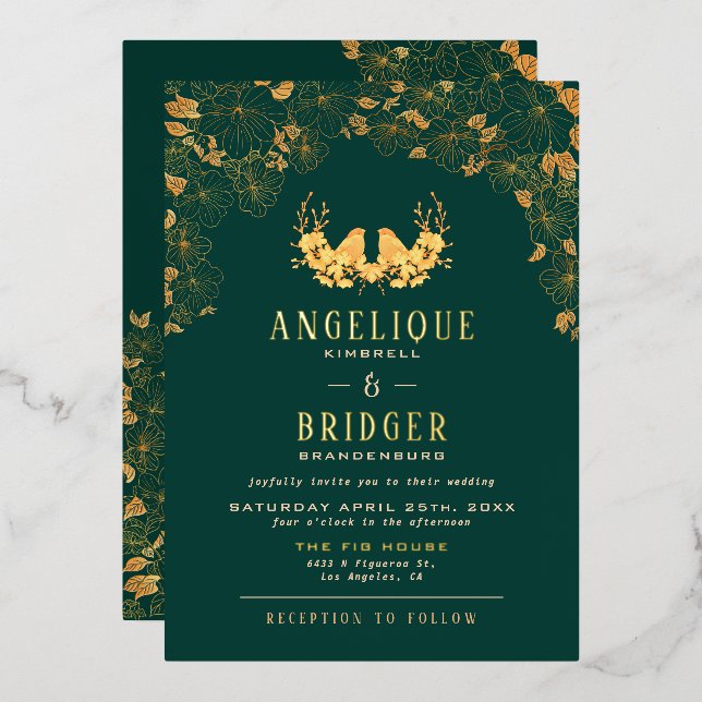 Elegant Emerald Green Gold Birds Floral Wedding Foil Invitation (Front/Back)