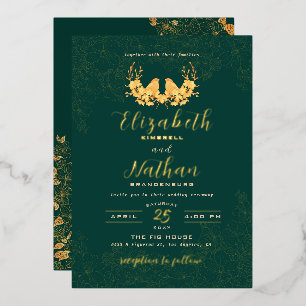 Elegant Emerald Green Gold Birds Floral Wedding Foil Invitation