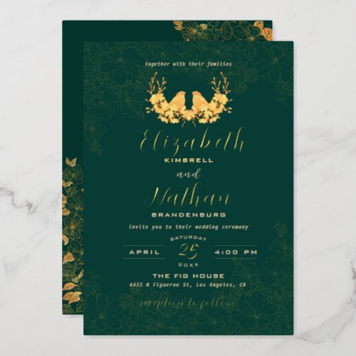 Elegant Emerald Green Gold Birds Floral Wedding Foil Invitation