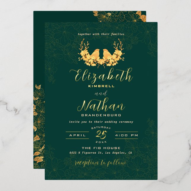Elegant Emerald Green Gold Birds Floral Wedding Foil Invitation (Front/Back)
