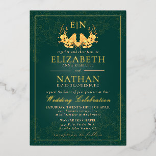 Elegant Emerald Green Gold Birds Monogram Wedding Foil Invitation