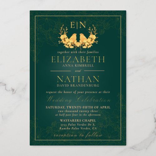 Elegant Emerald Green Gold Birds Monogram Wedding Foil Invitation