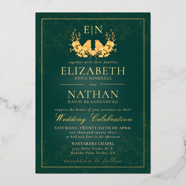 Elegant Emerald Green Gold Birds Monogram Wedding Foil Invitation (Front)