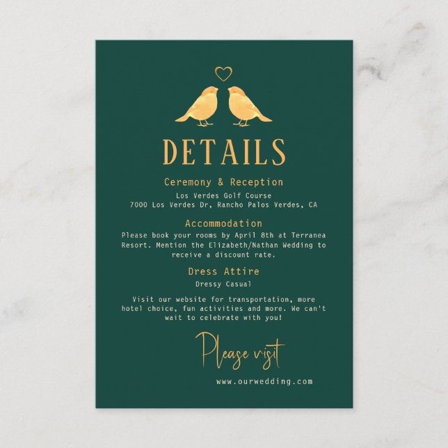 Elegant Emerald Green & Gold Birds Wedding Details Enclosure Card (Front)