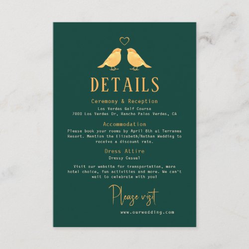 Elegant Emerald Green  Gold Birds Wedding Details Enclosure Card