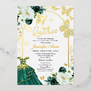 Elegant Emerald Green Gold Butterfly Quinceanera Foil Invitation