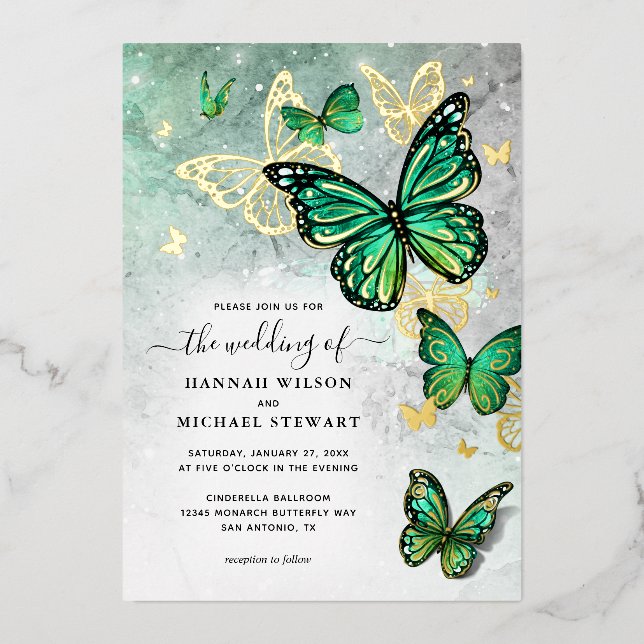 Elegant Emerald Green Gold Butterfly Wedding Real Foil Invitation (Front)