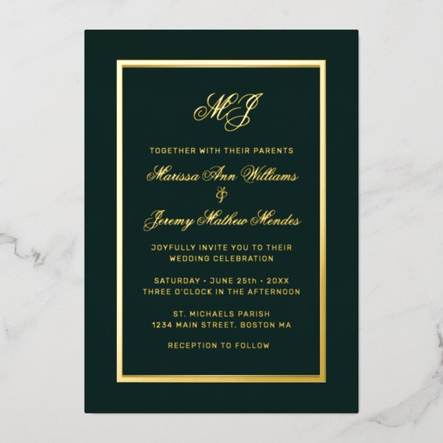 Elegant Emerald Green Gold Calligraphy Wedding Foil Invitation (Front)