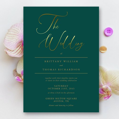 Elegant Emerald Green  Gold Calligraphy Wedding Invitation