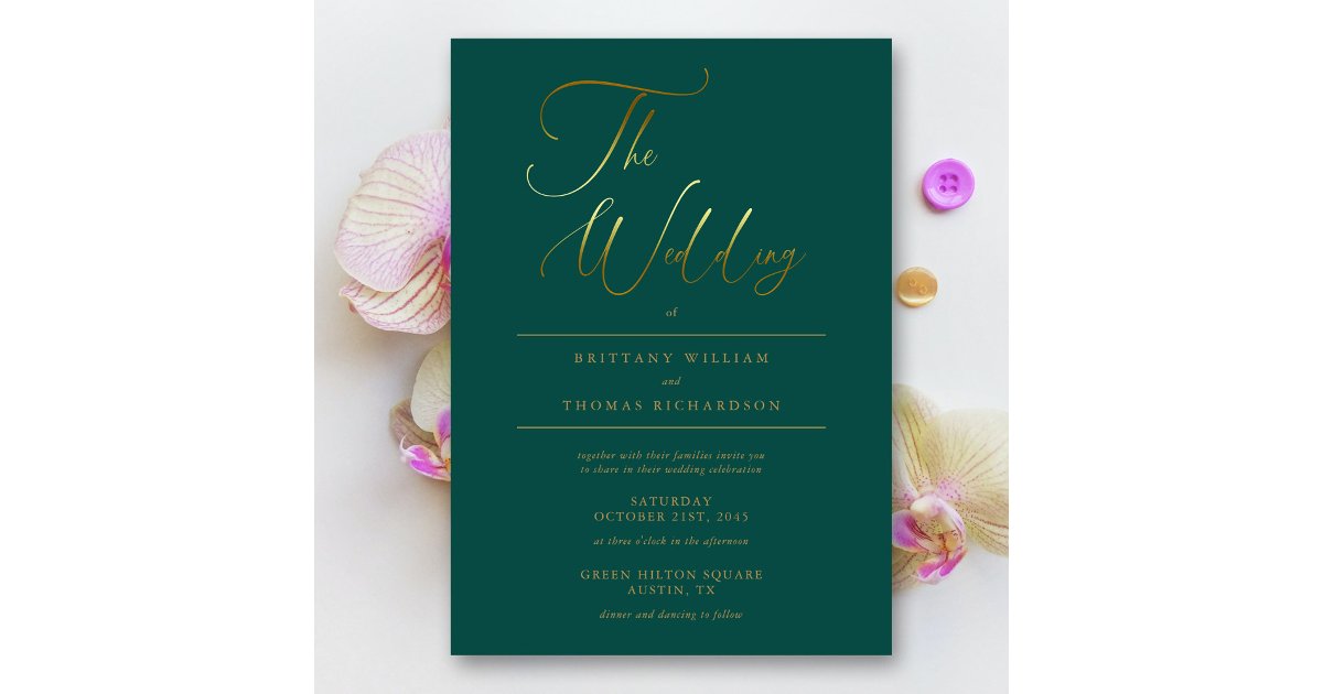Elegant Emerald Green & Gold Calligraphy Wedding Invitation | Zazzle