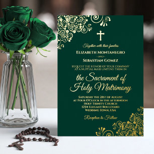 Elegant Emerald Green & Gold Catholic Wedding Foil Invitation