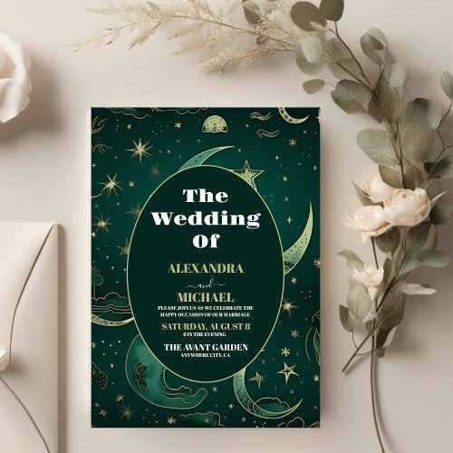 Elegant Emerald Green Gold Celestial  Wedding Invitation