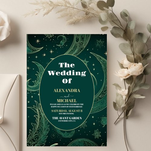 Elegant Emerald Green Gold Celestial  Wedding Invitation