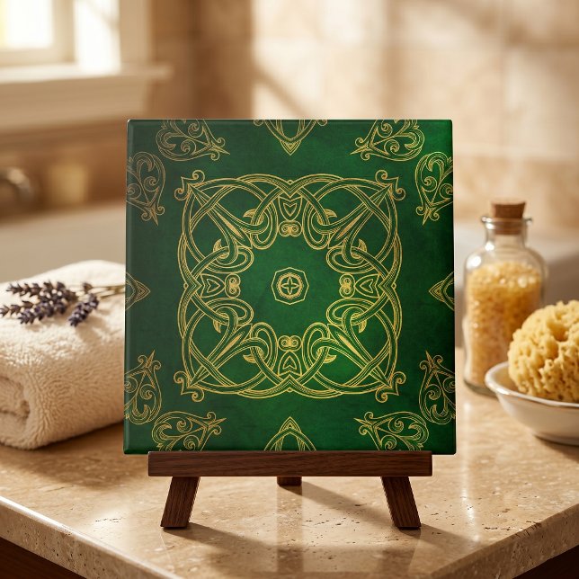 Elegant Emerald Green Gold Celtic Knotwork Damask Ceramic Tile (Creator Uploaded)