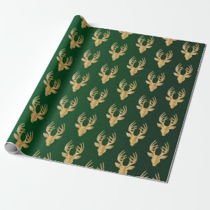 Elegant Emerald Green Gold Christmas Reindeer Gift Wrapping Paper