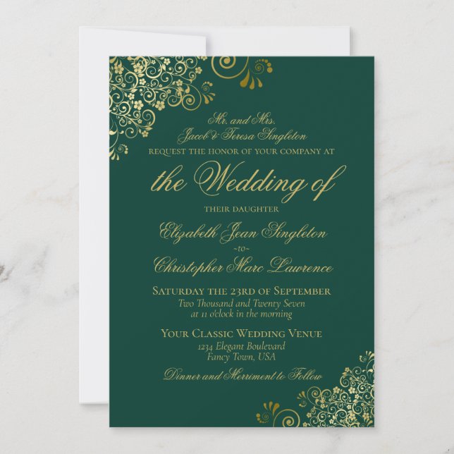Elegant Emerald Green & Gold Classy Formal Wedding Invitation (Front)