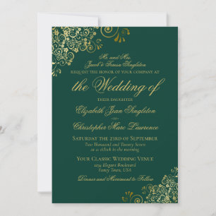 Elegant Emerald Green & Gold Classy Formal Wedding Invitation