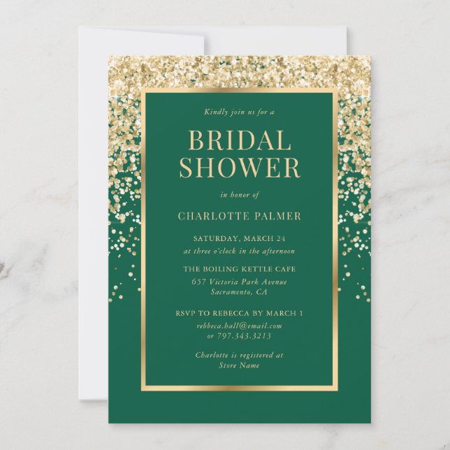 Elegant Emerald Green Gold Confetti Bridal Shower Invitation (Front)